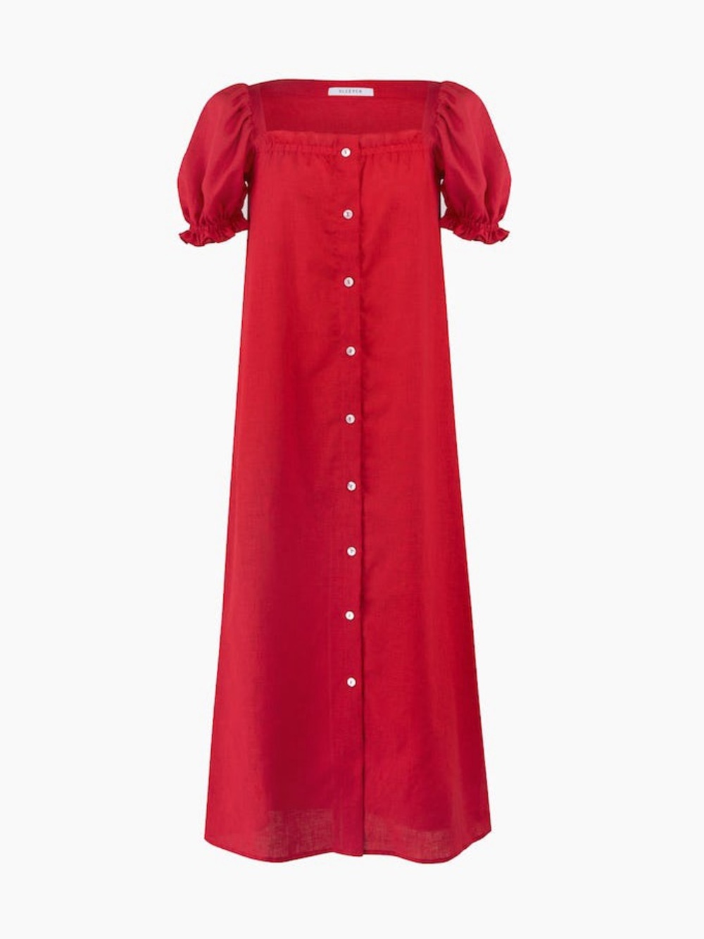 Sleeper Brigitte Red Linen Puff Sleeve Button Front Midi Dress XL